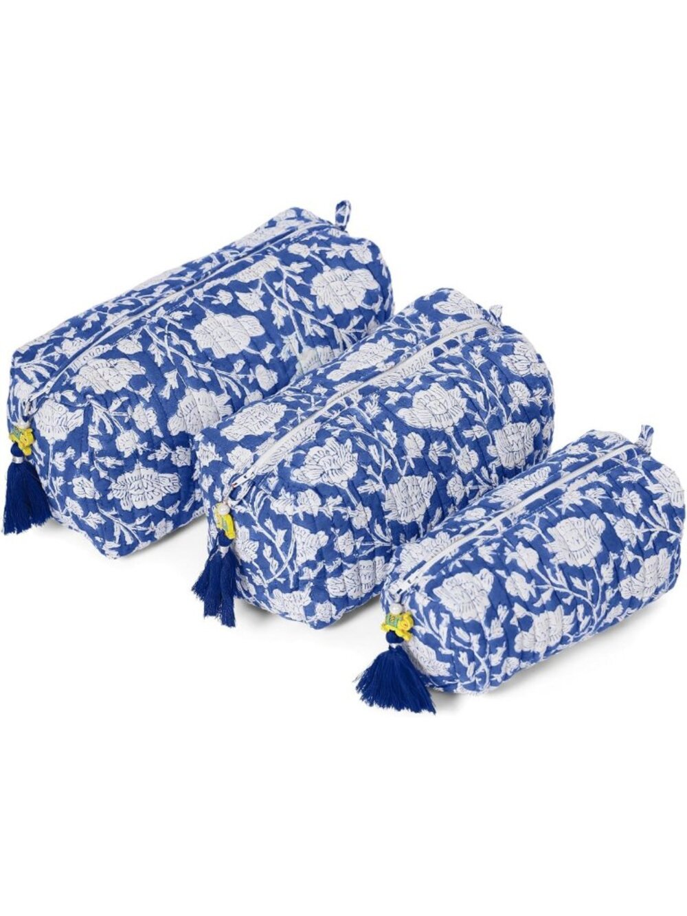 Set of 3 Quilted Makeup Bags - Hand Block Printed, Waterproof Travel Toiletry